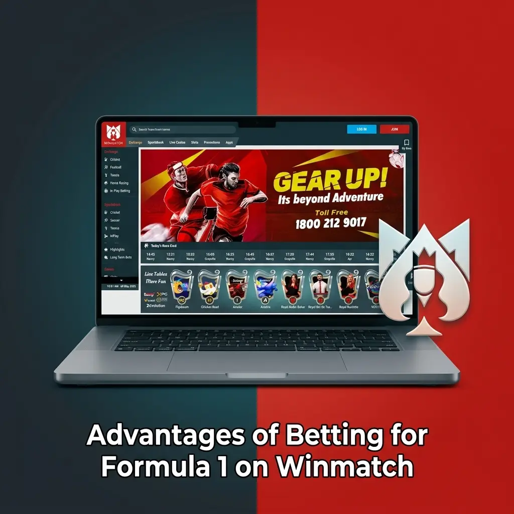 Winmatch F1 betting advantages including INR payments, live odds, mobile app, and 100% welcome bonus up to INR 10,000