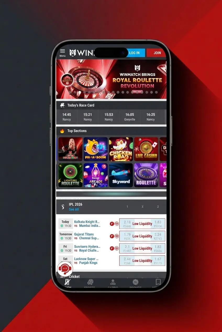 Winmatch app basketball betting interface on Android and iOS with live odds and UPI deposit support
