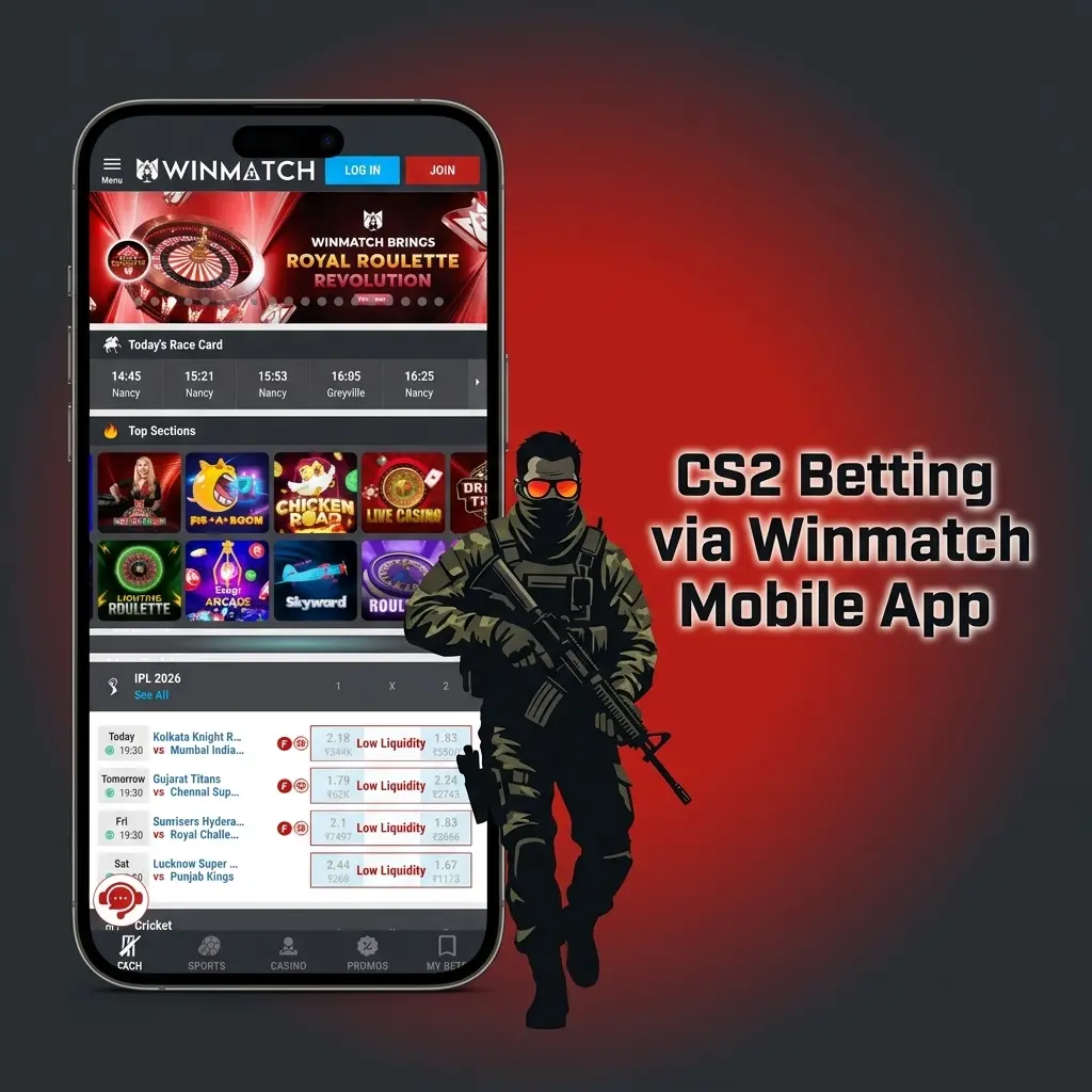 Winmatch mobile app interface showing CS2 betting options for Android and iOS users in India