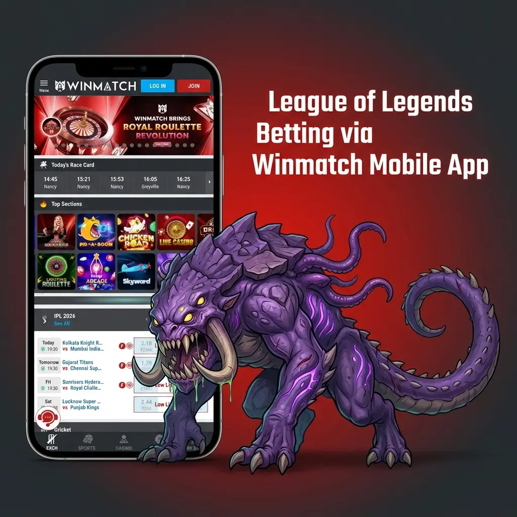 Winmatch mobile app interface showing League of Legends betting markets on Android and iOS devices for Indian players
