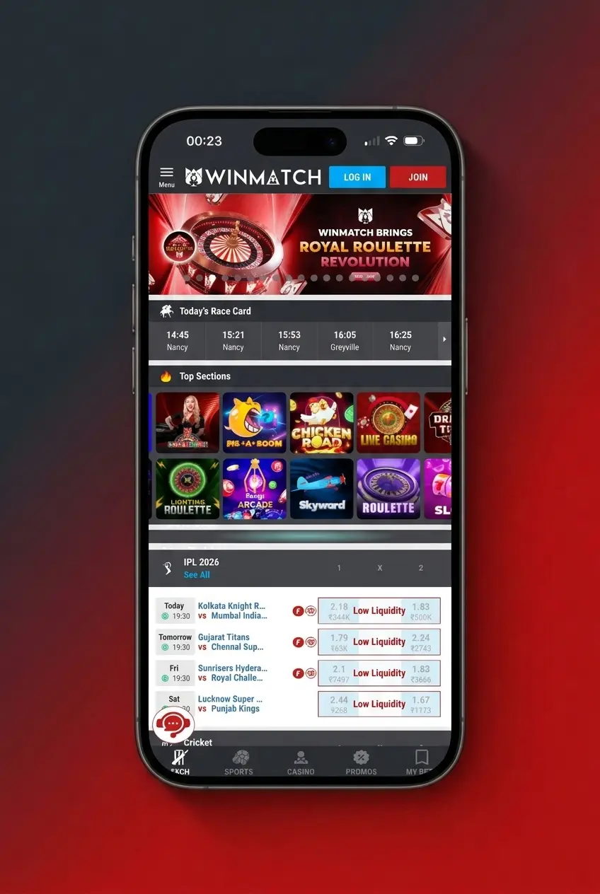 Step-by-step guide to login at Winmatch via Android app, showing APK install and sign-in process