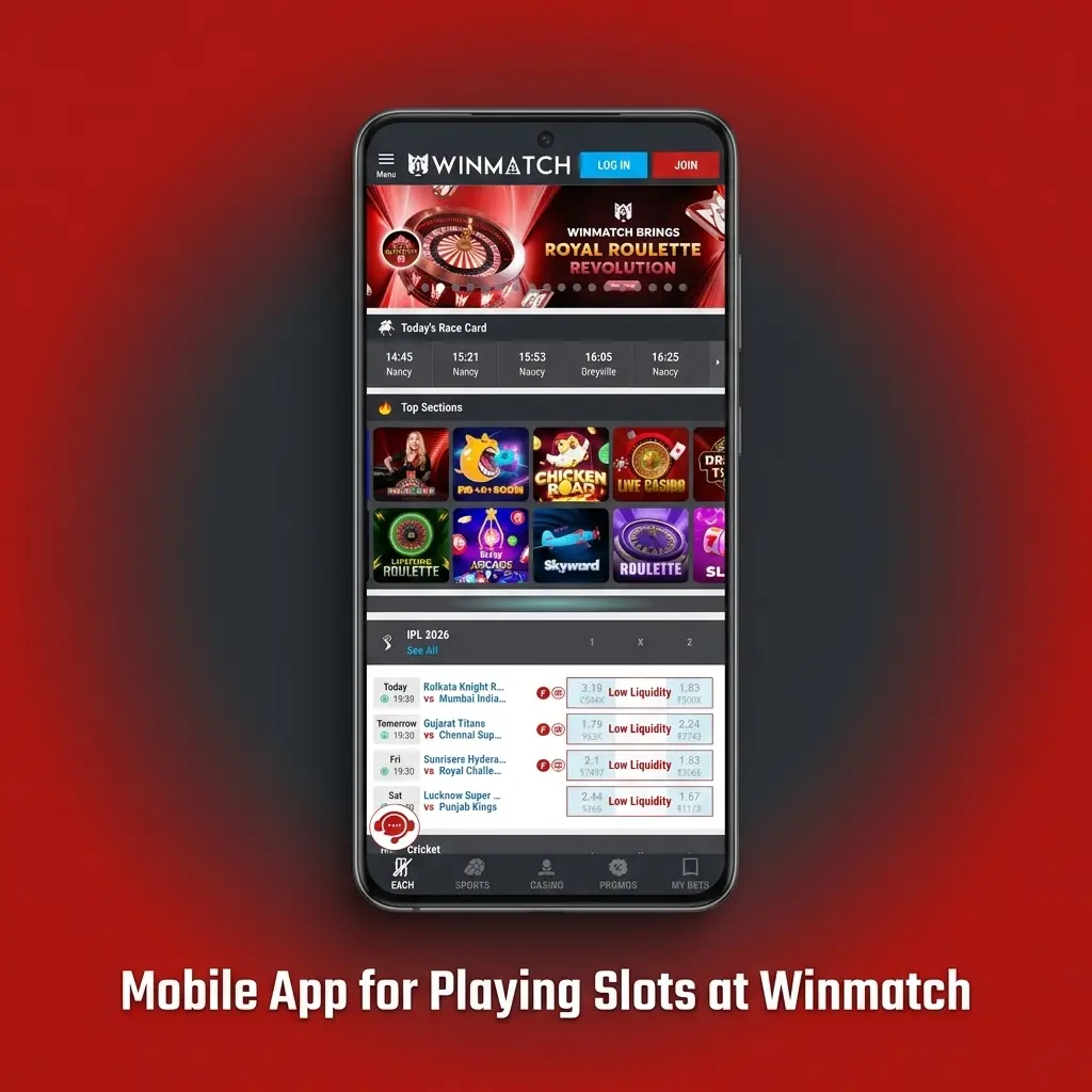 Winmatch mobile app interface showing slots catalogue on Android and iOS devices with touch-optimised controls