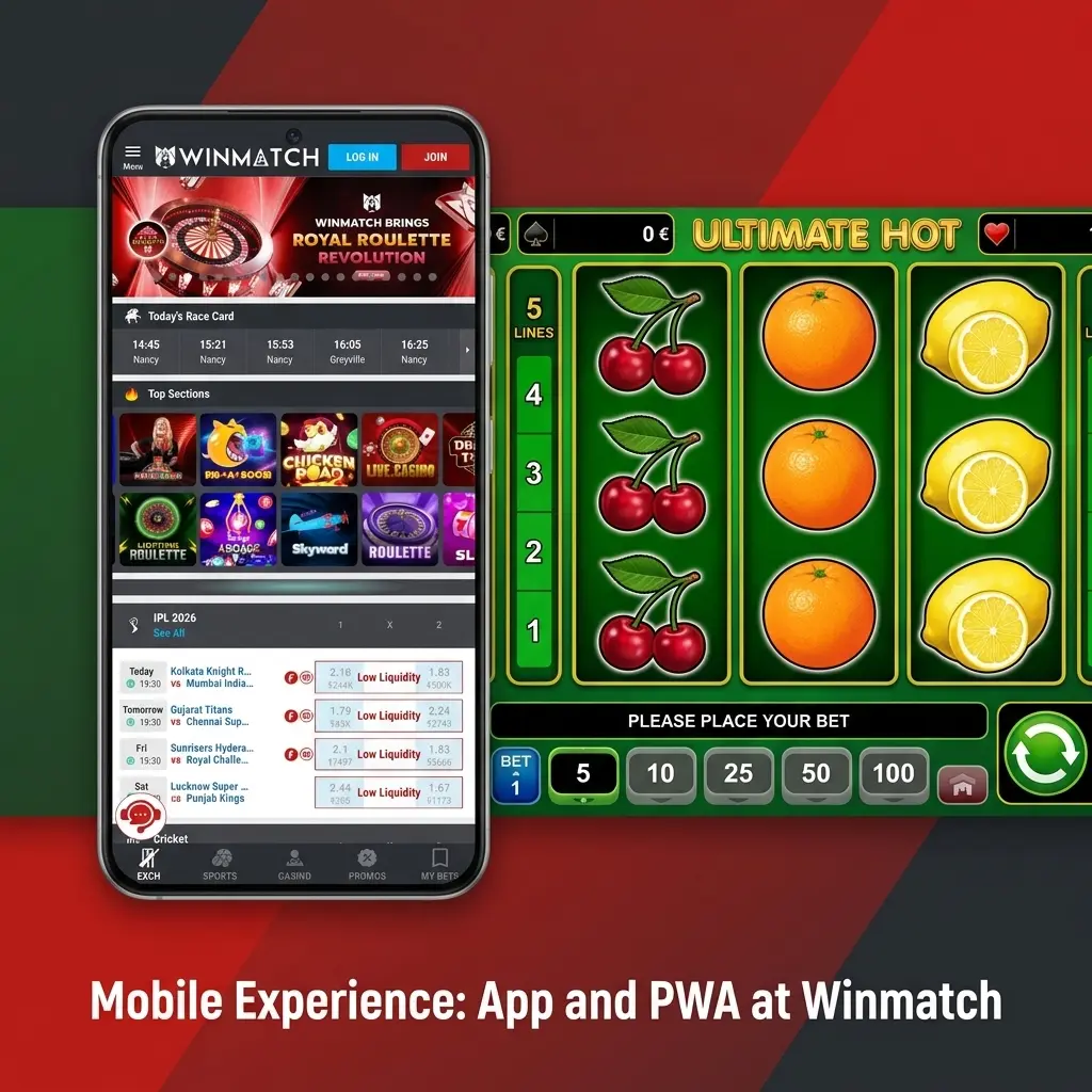 Winmatch mobile app and PWA interface showing casino lobby on smartphone with fast loading and data-saving features