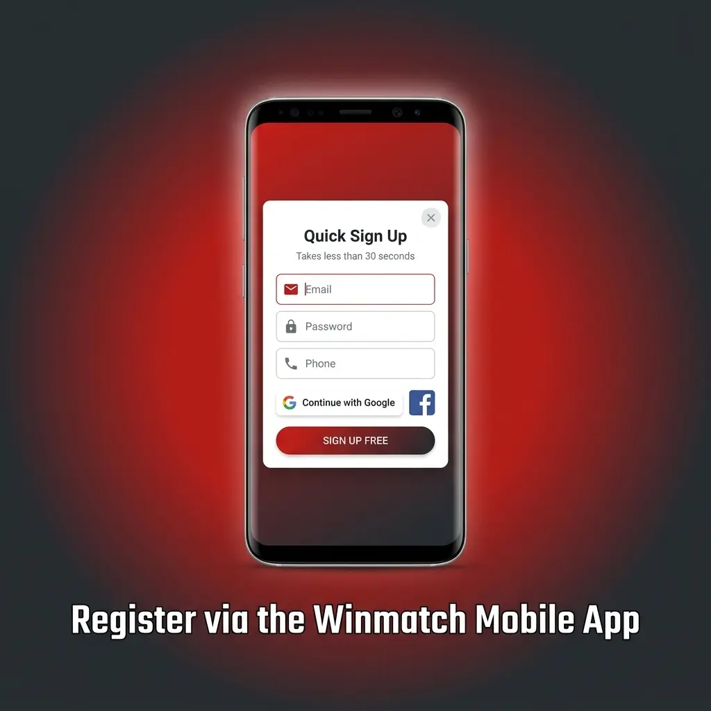 Winmatch mobile app registration screen on Android showing sign-up form with OTP verification and INR currency setup