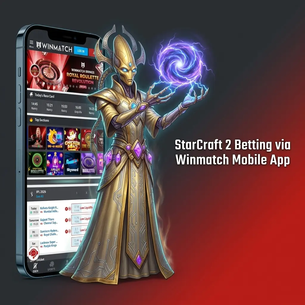 Winmatch mobile app interface showing StarCraft 2 betting options for Android and iOS users in India