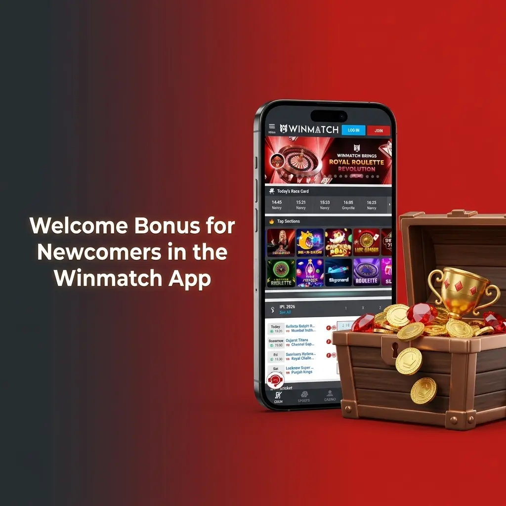 Winmatch app welcome bonus showing 100% match up to 10,000 INR for sports and 25,000 INR for casino new players