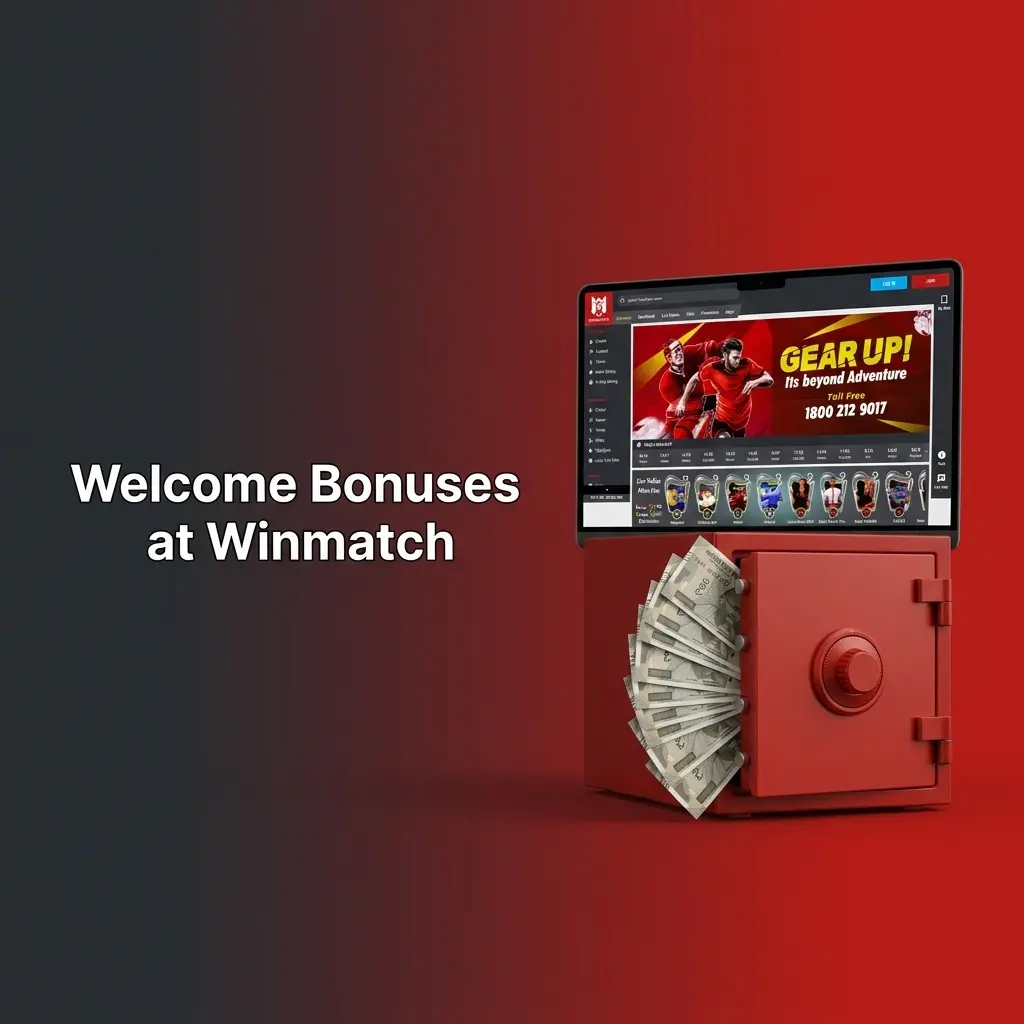 Winmatch welcome bonus table showing 100% match up to 25,000 INR with 500 INR min deposit and 20x wagering