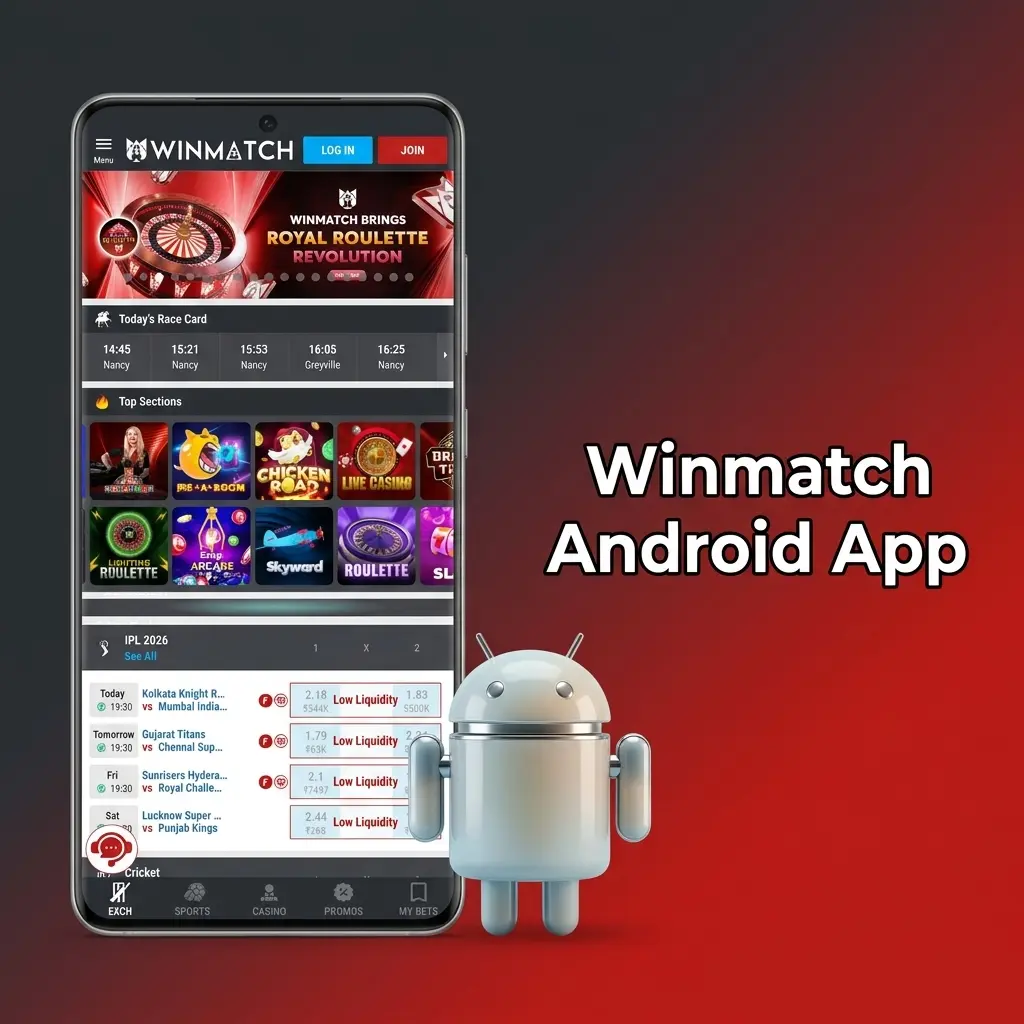 Winmatch Android app download screen for sports betting and casino games available free in India