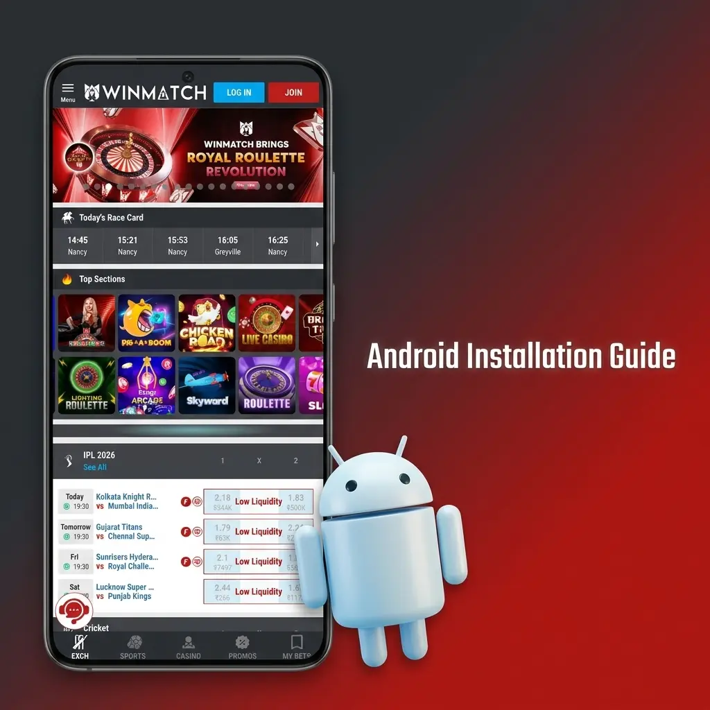 Winmatch Android APK installation guide showing steps to download, install, and place a Dota 2 bet on the app
