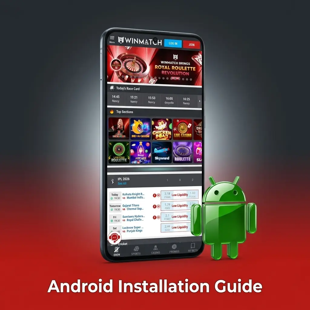Winmatch Android APK installation guide showing download, security settings, and MMA betting setup steps