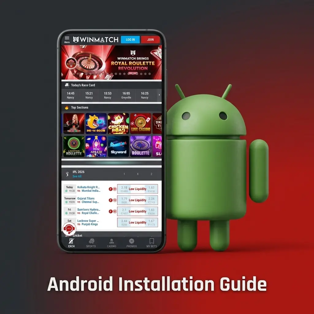 Android installation guide for Winmatch app showing APK download, setup steps, and Tennis betting navigation on mobile