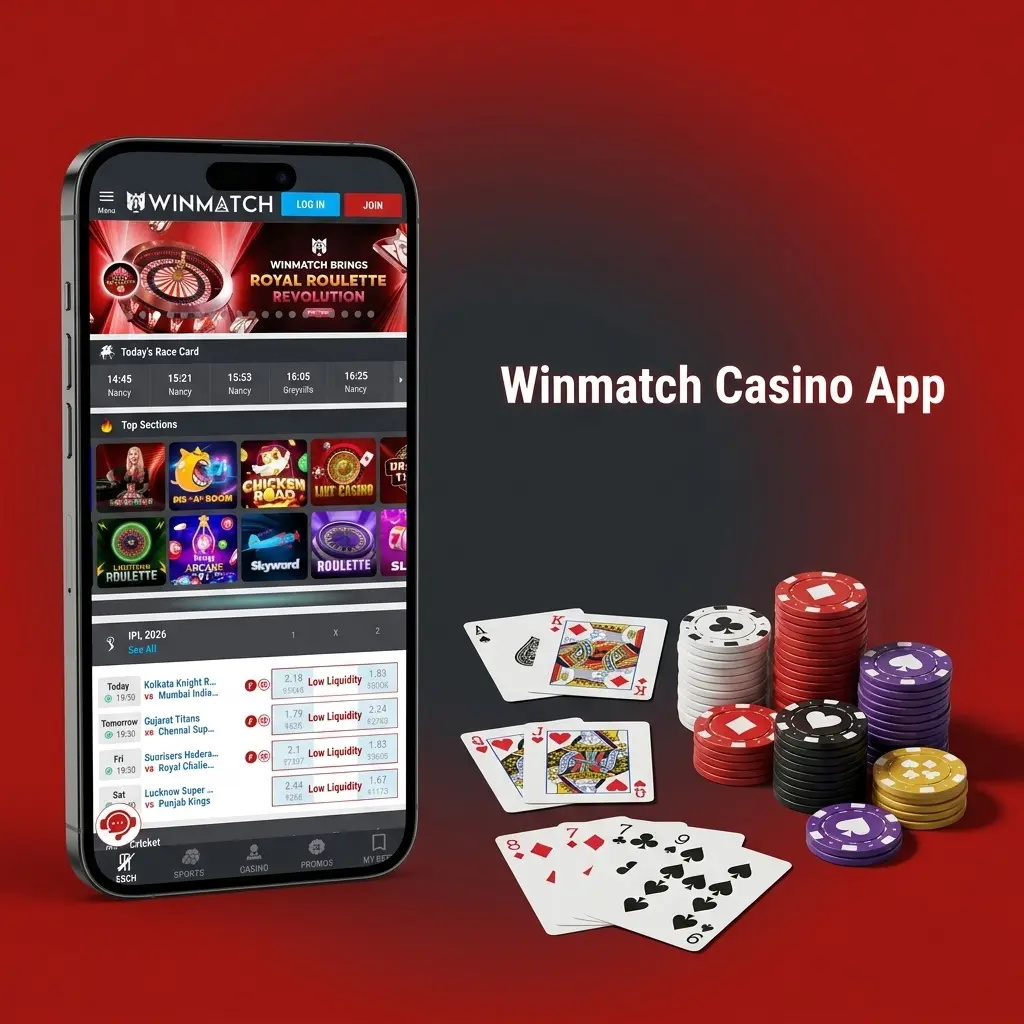 Winmatch Casino App home screen showing slots, live dealer tables, and promotions with 1000+ games from top providers