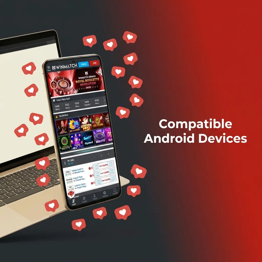 Compatible Android devices for Winmatch app including Samsung, Redmi, Realme, Oppo, Vivo, OnePlus, Poco, Motorola, iQOO