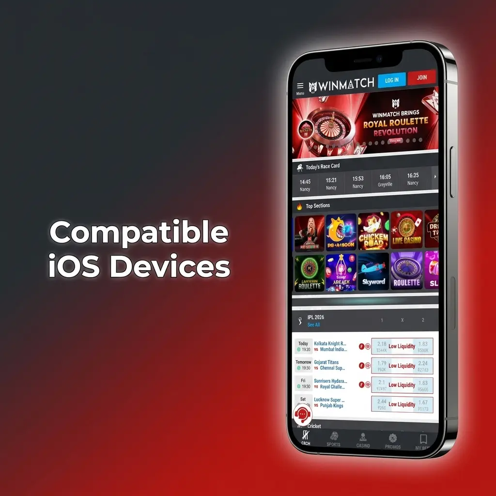 Winmatch app compatible iOS devices list including iPhone X to 17 series and iPad Air and Pro models