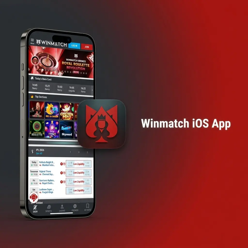 Winmatch iOS app interface on iPhone and iPad showing sports betting and live casino features available for free download