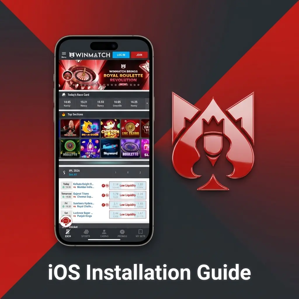 Winmatch iOS PWA installation guide showing Safari browser steps to add app to iPhone home screen