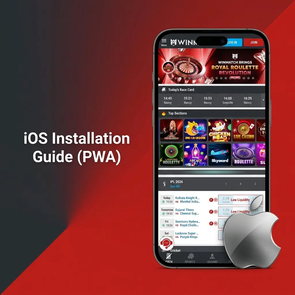 Winmatch PWA iOS installation guide showing Safari share button and Add to Home Screen steps on iPhone