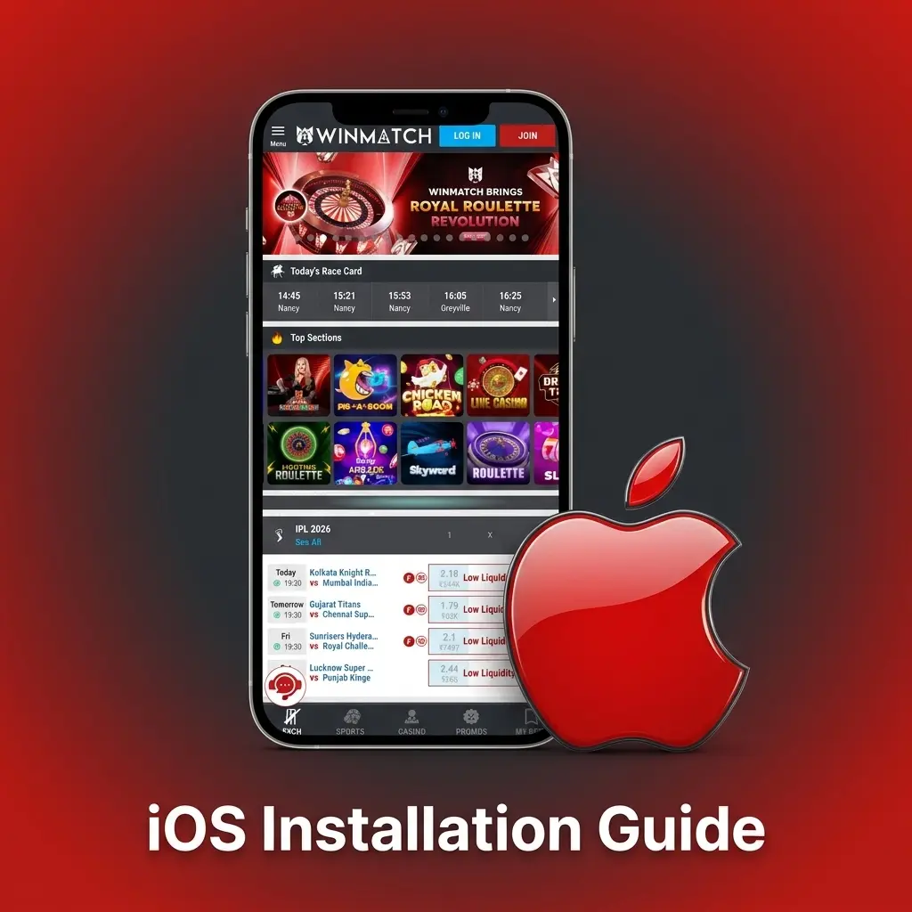 Winmatch iOS PWA installation guide showing Safari steps to add sportsbook to iPhone home screen for Indian users