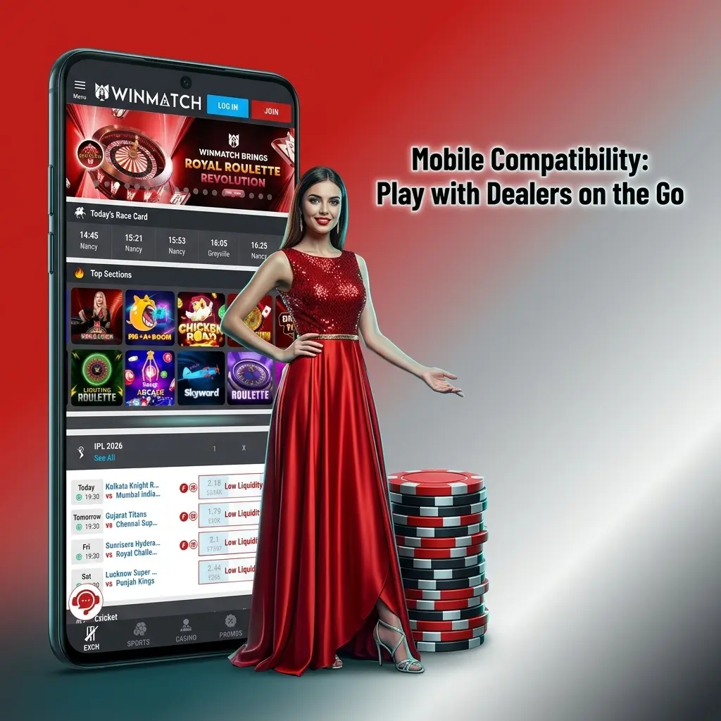 Winmatch live casino mobile interface showing dealer feed and betting panel in one-handed vertical layout on smartphone