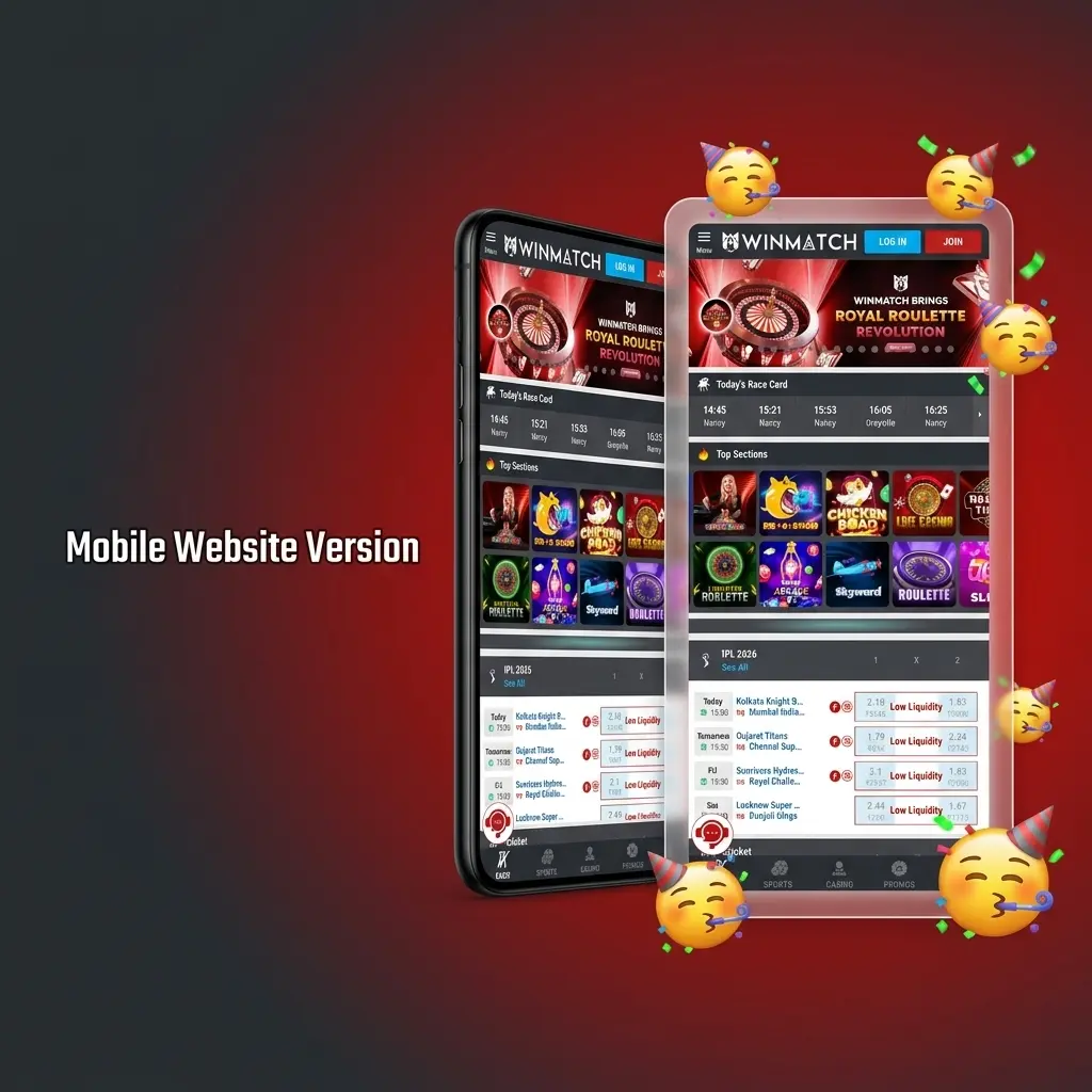 Winmatch mobile website interface showing betting markets and casino games accessible via Chrome and Safari browsers