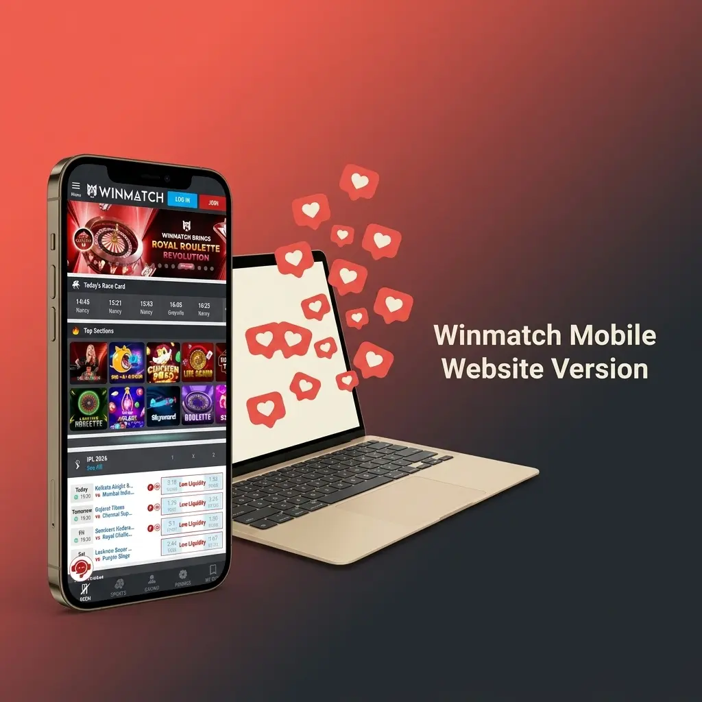 Winmatch mobile website open on smartphone browser showing sports betting and casino features with deposit and withdrawal options