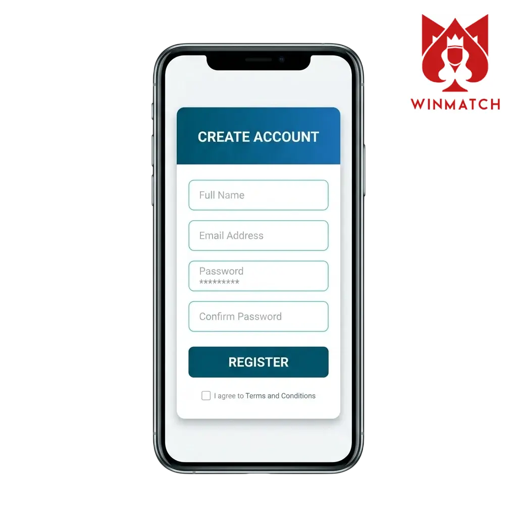 Winmatch registration process in India showing sign-up options for casino, sports betting, and welcome bonus up to 25,000 INR