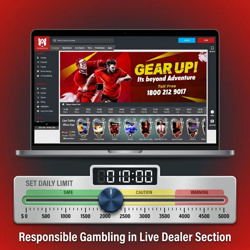 Responsible gambling tools for live dealer sessions including deposit limits, session controls, and self-exclusion options at Winmatch