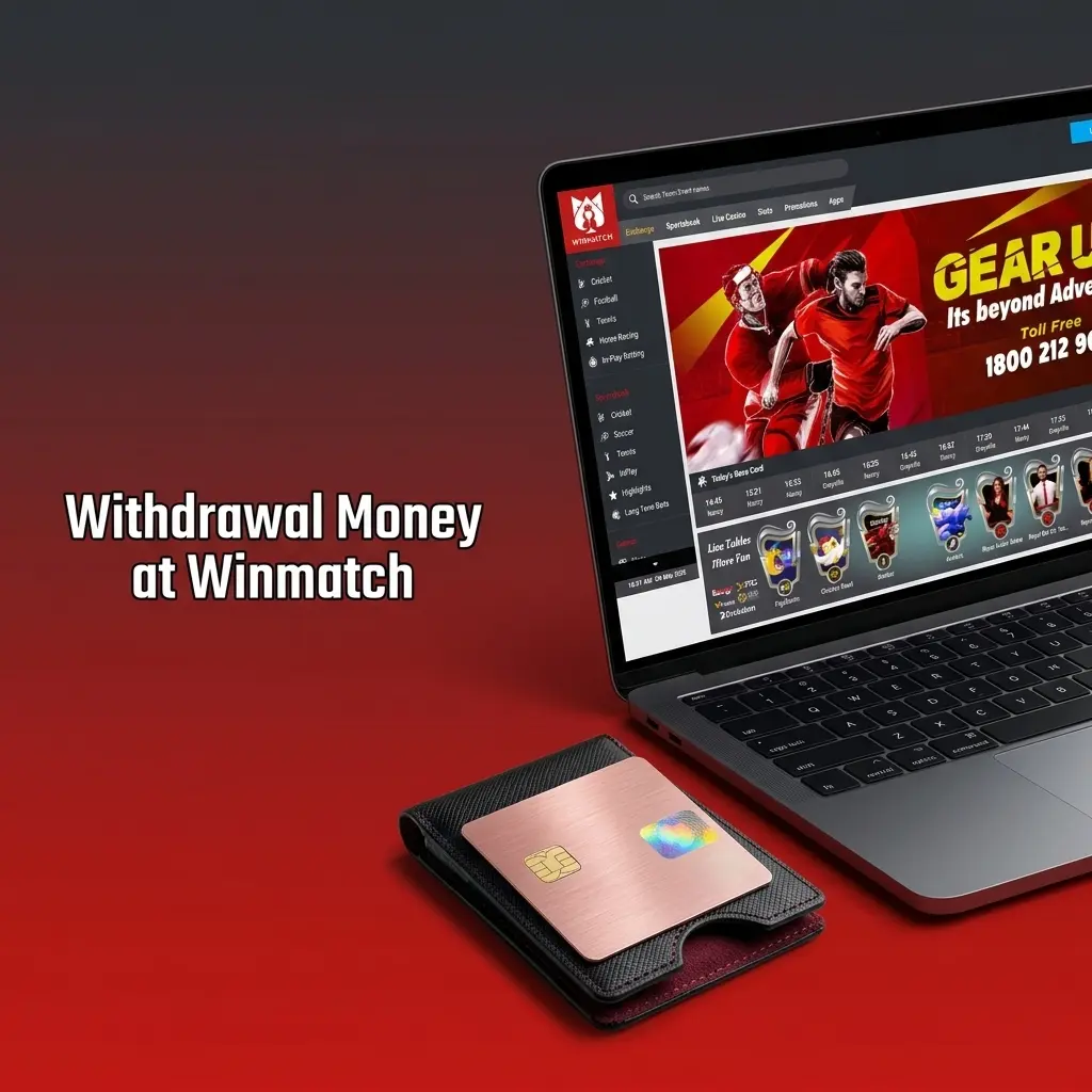 Winmatch withdrawal process showing cashier section with bank transfer and UPI options for Indian users